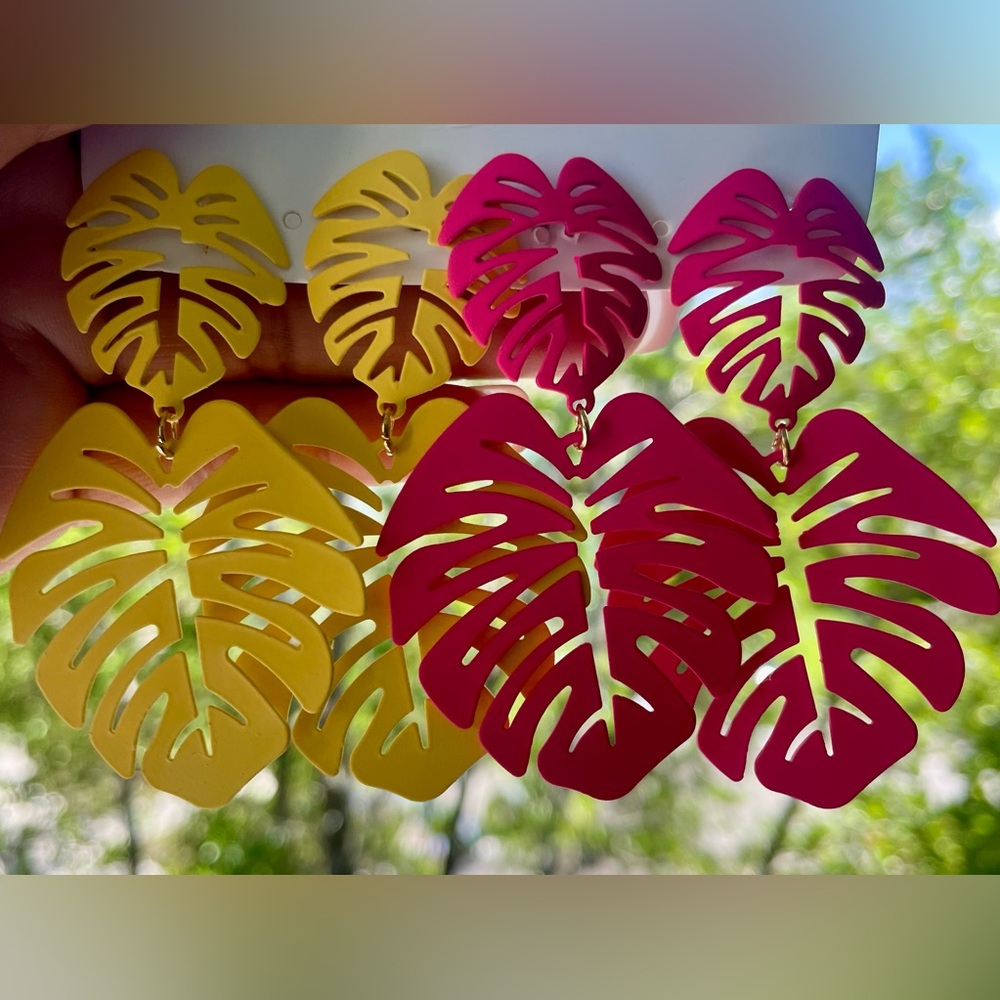 NWT- MFT Tropical Monstera Palm Leaf Earrings Set | Pink & Yellow | Resort Wear